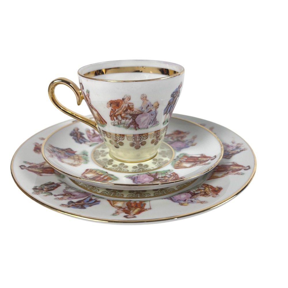 Vtg J.K. Decor Carlsbad Bavaria Courting Couple Teacup Saucer Plate Trio Gold